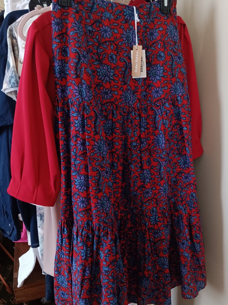 Nwt Red Blue Whimsical Flower Design Cotton-Silk Midi Skirt